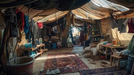 A detailed image of a refugee family's living area, highlighting the few possessions and makeshift furniture.