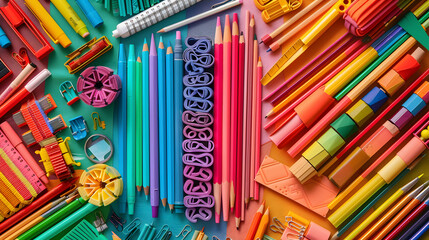 A colorful array of school supplies  - obrazy, fototapety, plakaty