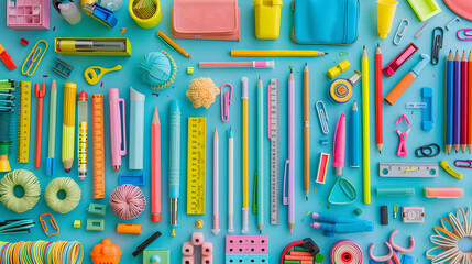 A colorful array of school supplies  - obrazy, fototapety, plakaty