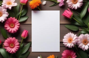 Mockup blank white paper card, wooden table background, pink flowers. Display artwork. Save the date wedding invitation, birthday greeting card. Flat lay, top view, copy space. Business brand template