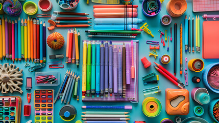 A colorful array of school supplies top view 