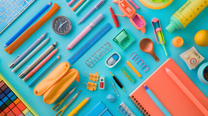 A colorful array of school supplies top view  - obrazy, fototapety, plakaty
