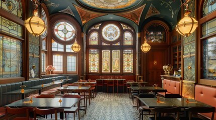 Interior of a chic caf&eacute; vintage furniture ans vintage style, boutique caf&eacute;, stylish d&eacute;cor, hospitality design, relaxing caf&eacute;, warm lighting