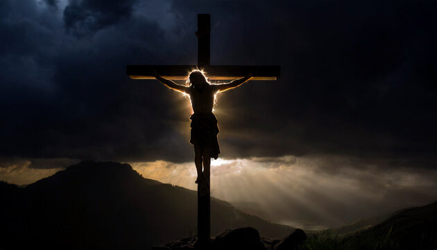 silueta de jes&uacute;s en la cruz al caer el sol