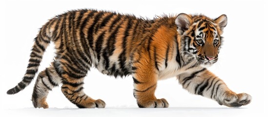 Tiger Cub Walking on White Background