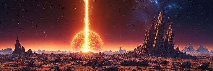 Alien planet sending a giant column of fire into space. In the foreground, there are two large rocks, which contribute to the overall composition of the scene. - obrazy, fototapety, plakaty