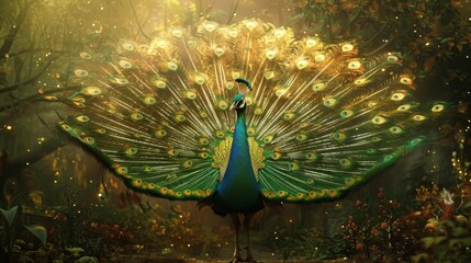 Obraz premium A regal peacock queen, her feathers splayed in a breathtaking display, adorned with sparkling gemstones, in the garden of an ornate palace