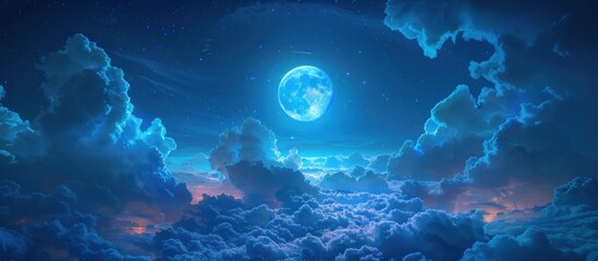 Blue Sky With Clouds and Full Moon - obrazy, fototapety, plakaty