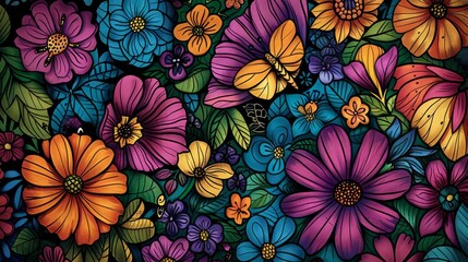 A whimsical garden illustrated with Sharpies, featuring oversized flowers and insects, in a kaleidoscope of colors, each petal and wing vividly outlined