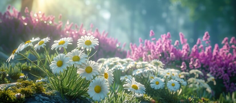 Abundant White Daisies and Purple Flowers in Field