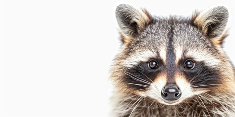 Fototapeta premium Close-up portrait of a raccoon with distinct facial markings, sharp eyes, and a curious expression against a bright white background, banner with copy space on the left