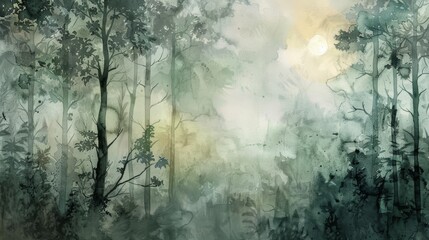 Obraz premium Ethereal forest scene in alcohol ink, with misty layers of soft greens and grays, suggesting a mysterious, early morning atmosphere