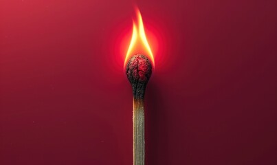 burning match on a red background, concept of brightness, danger
