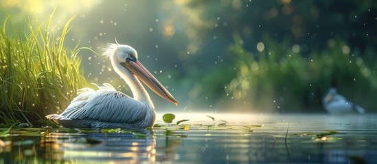 White Pelican Floating on Water - Powered by Adobe