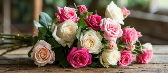 Pink and White Roses Bouquet on Wooden Table