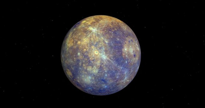 A 3D animation of Mercury rotation of with enhanced color chemical, mineralogical, and physical differences between the rocks. This is the first planet from the Sun and the smallest.