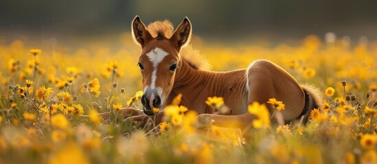 Brown Horse Resting in Yellow Flower Field - obrazy, fototapety, plakaty