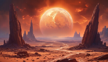 A large bright alien planet in the sky, surrounded by a rocky landscape. There are also mountains in the background, adding to the vast and desolate nature of the scene.