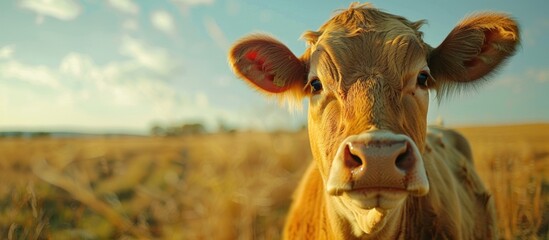 Close Up of Brown Cow in Field - obrazy, fototapety, plakaty
