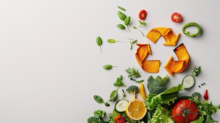 A variety of fresh vegetables neatly arranged on a white surface, creating a recycling symbol amidst a spread of healthy food ingredients, promoting sustainability and a plant-based diet