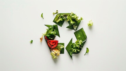 Artistic Vegetable Recycle Symbol on White. A creatively arranged selection of vegetables forming a recycle symbol on a white background, symbolizing a commitment to sustainability and healthy living