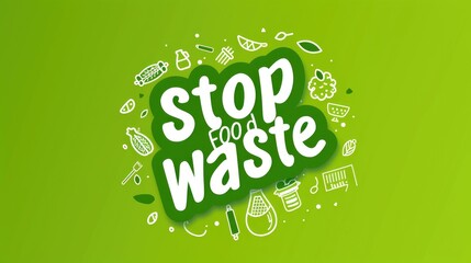 Stop Food Waste Environmental Awareness Design. A vivid, green-themed design with a prominent "Stop Waste" call to action, surrounded by playful illustrations of fruits and vegetables