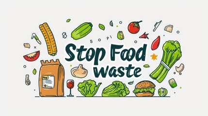 Dynamic Stop Food Waste Eco Campaign. Hand-drawn illustration with an assortment of vibrant vegetables and a bold "Stop Food Waste" banner, promoting environmental consciousness
