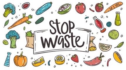 Dynamic Stop Food Waste Eco Campaign. Hand-drawn illustration with an assortment of vibrant vegetables and a bold "Stop Food Waste" banner, promoting environmental consciousness