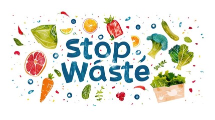 Dynamic Stop Food Waste Eco Campaign. Hand-drawn illustration with an assortment of vibrant vegetables and a bold "Stop Food Waste" banner, promoting environmental consciousness