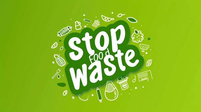 Stop Food Waste Environmental Awareness Design. A vivid, green-themed design with a prominent "Stop Waste" call to action, surrounded by playful illustrations of fruits and vegetables