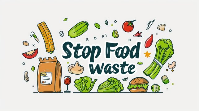 Dynamic Stop Food Waste Eco Campaign. Hand-drawn illustration with an assortment of vibrant vegetables and a bold "Stop Food Waste" banner, promoting environmental consciousness