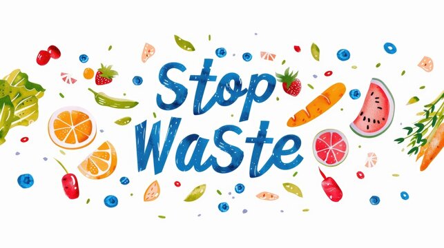Dynamic Stop Food Waste Eco Campaign. Hand-drawn illustration with an assortment of vibrant vegetables and a bold "Stop Food Waste" banner, promoting environmental consciousness