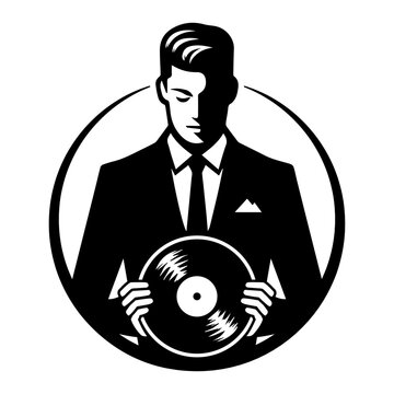 Luxury DJ music services company logo. Icon of a DJ wearing a suit holding a vinyl record isolated on white background. Vector illustration.