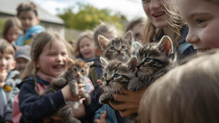 A crowd of delighted pupils watching and cradling violet baby kittens in a school garden setting. It is a close-up picture on a sunny day.  - obrazy, fototapety, plakaty