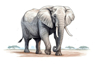 African elephant drawn with gray pencil isolated on white background.