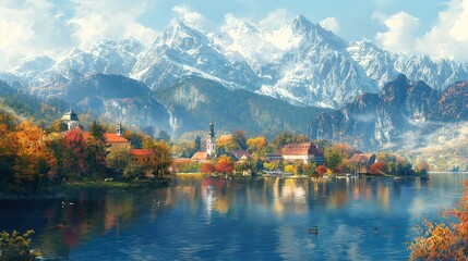 Autumn Colors Reflected in Mountain Lake Village