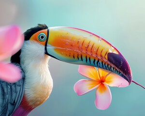Obraz premium A closeup of a toucan with a flower in its beak.