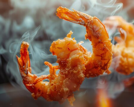 A closeup of a plate of crispy golden brown fried shrimp with smoke rising from it.