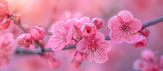 Close Up of Pink Blossoms on Tree Branch