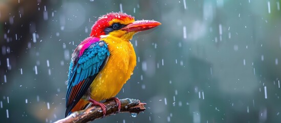 A brightly colored Piciformes bird perched on a branch during light rain.