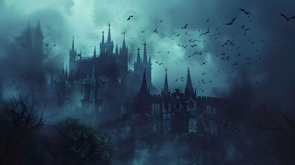 A dark fantasy gothic castle with bats flying around at night  - obrazy, fototapety, plakaty