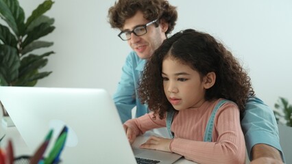 Caucasian father teaching attractive daughter about coding engineering prompt while american school...