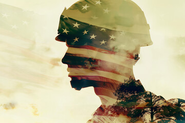 Stars and Stripes Military Salute. Artistic representation of an American servicemember overlaid with the flag, evoking honor, duty, and national pride