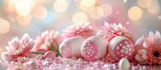 Obraz premium Pink Flowers and Easter Eggs on Table