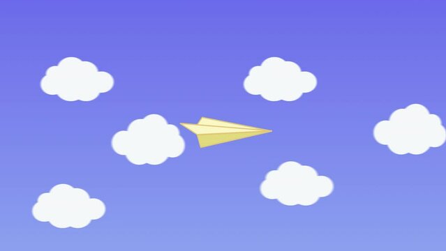 Airplane zoom from camera on horizon flat design video.Paper plane appears in blue cloudy cartoon style animation 4k banner. High quality 4k footage