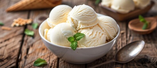 Vanilla Ice Cream in White Bowl on Wooden Table