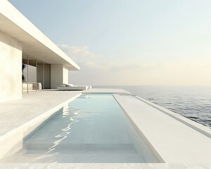 Luxurious minimalist infinity pool overlooking ocean with seamless indoor-outdoor living concept.
