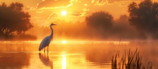 Naklejka premium cranelike Bird Standing in Water at Sunset