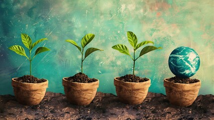 Four potted plants with green leaves and a small globe instead of soil in the last pot.