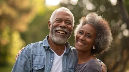 Fototapeta premium Happy elderly couple smiling and embracing in a park
